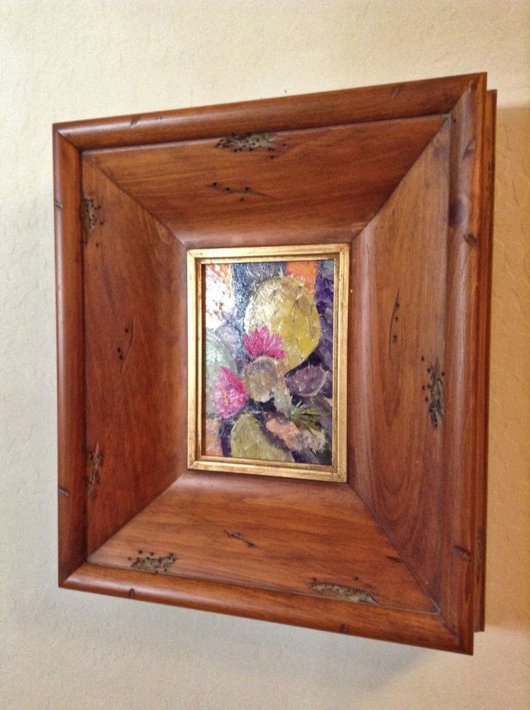 Prickly Pear Cactus oil painting in a wooden frame