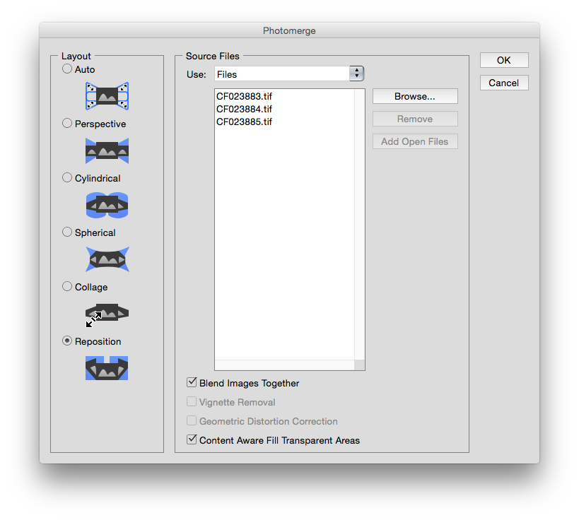The settings I used in Photoshop’s Photomerge dialog box