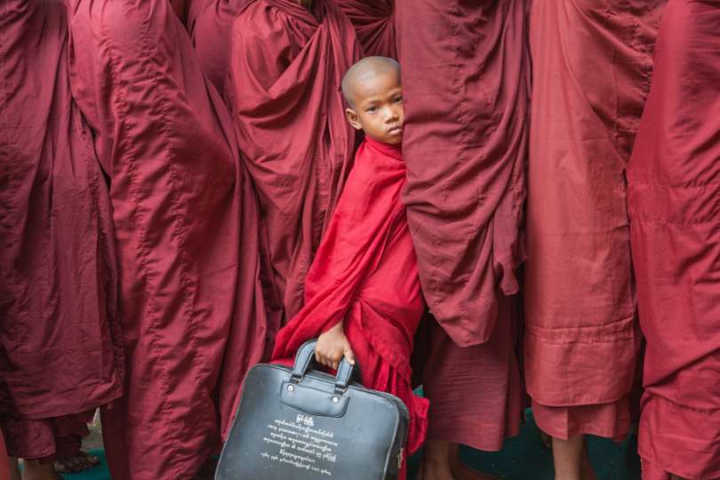 Monks line up to receive alms bowls Canon EOS 5Ds Mark III w/Canon f4 EF 24-105mm