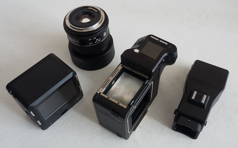 The modular components - digital back, lens, camera body and viewfinder