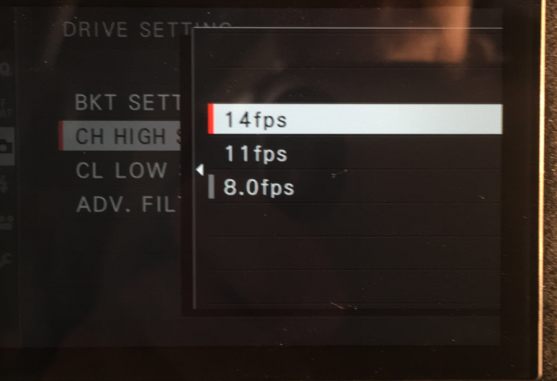 The continuous shooting menu. Note - 14ps is only available when using the electronic shutter