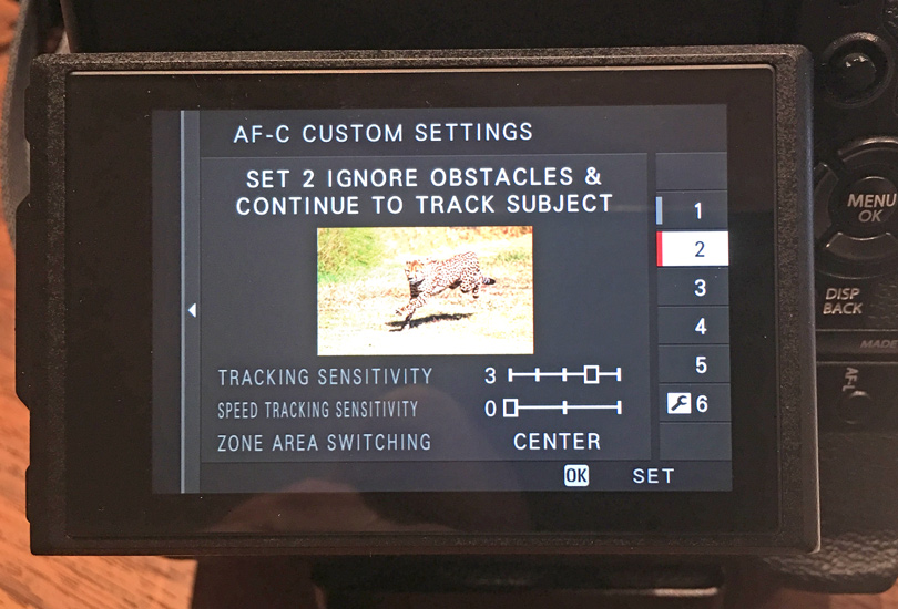 The AF-C menu showing 6 settings possible. You can customize each setting, plus set up one of your own.