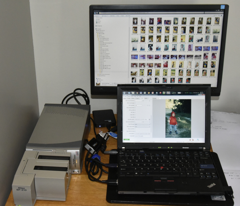 Figure 2: My Scanning set-up: Nikon Coolscan LS 5000ED, external screen, external HDD, notebook computer