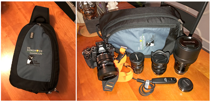 The Olympus system showing the shoulder bag and it's contents. 8.3 pounds as loaded.