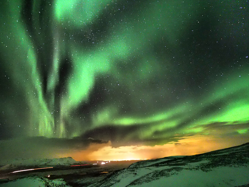 A 20 second exposure of the Northern Lights over Reykjavik, Iceland