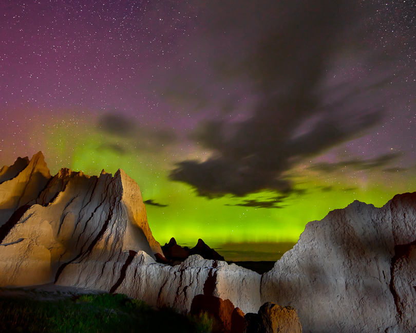 The final composite photo showing light-painted structures in the foreground and a separate exposure for the sky and northern lights. In this case the sky photo was taken about 15 minutes earlier and about a mile away.