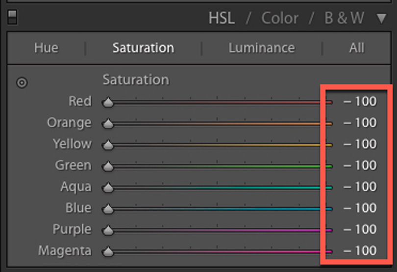 Figure 3 HSL Panel Desaturate All Colours