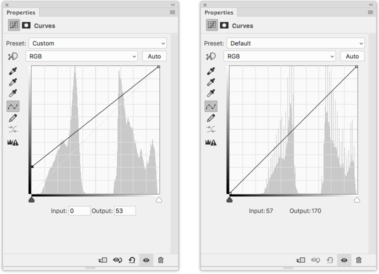 Left: The Photoshop Curves used to set the black point for this image and Right: The Photoshop Curves diagram for this image after the black point was set.