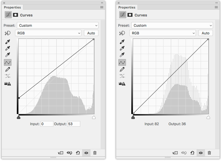 Left: The Photoshop Curves used to set the black point for this image and Right: The Photoshop Curves diagram for this image after the black point was set.