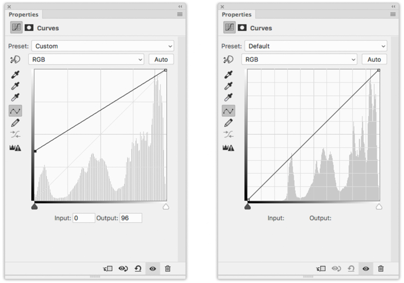 Left: The Photoshop Curves used to set the black point for this image. Right: The Photoshop Curves diagram for this image after the black point was set.