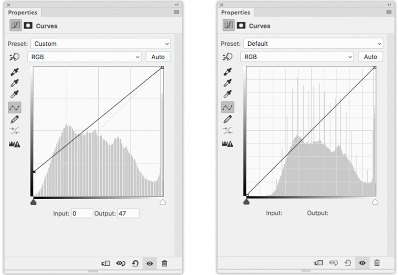 Left: The Photoshop Curves used to set the black point for this image. Right: The Photoshop Curves diagram for this image after the black point was set.