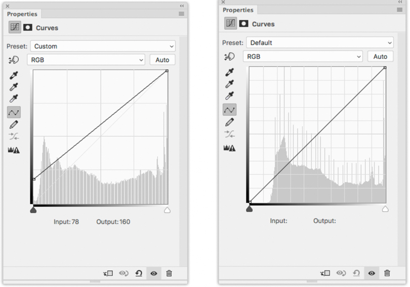 Left: The Photoshop Curves used to set the black point for this image. Right: The Photoshop Curves diagram for this image after the black point was set.