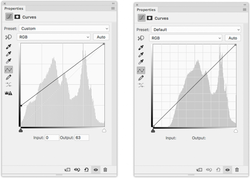 Left: The Photoshop Curves used to set the black point for this image. Right: The Photoshop Curves diagram for this image after the black point was set.