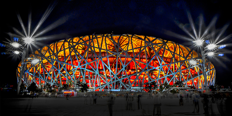 The National Stadium in Beijing, also known as “The Birds Nest”, viewed from the Olympic Boulevard.