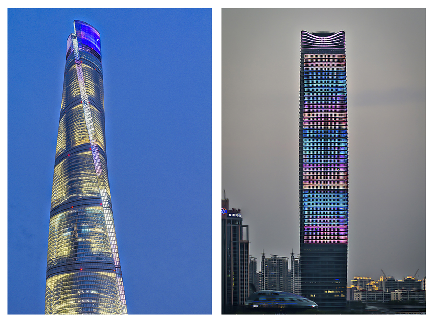 The Shanghai “Twisting” Tower (left), the tallest building in Shanghai and The Shanghai White Magnolia Plaza (right).