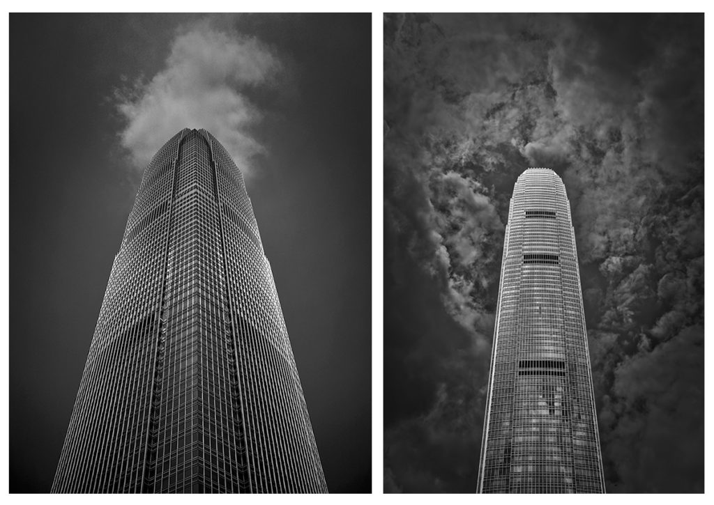 Hong Kong International Finance Center Tower 2 taken with a 24mm equivalent lens (left) and Hong Kong International Finance Center Tower 2 viewed from a different perspective (right).