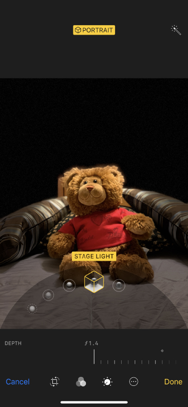An image taken in portrait mode will display the light choice options and f/stop slider when opened for editing.
