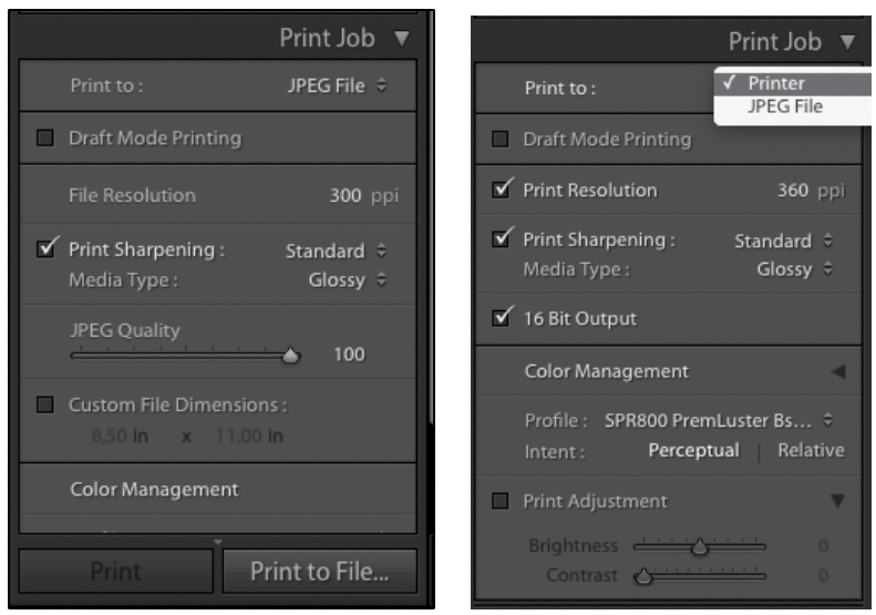 The Print job dialog box for jpeg (left) and Printer (right)