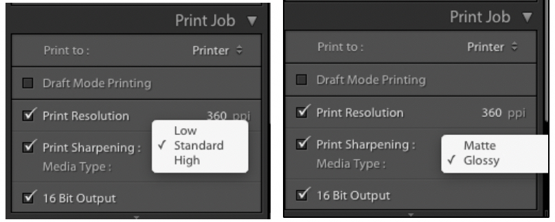 Sharpening options  /  Media type choices