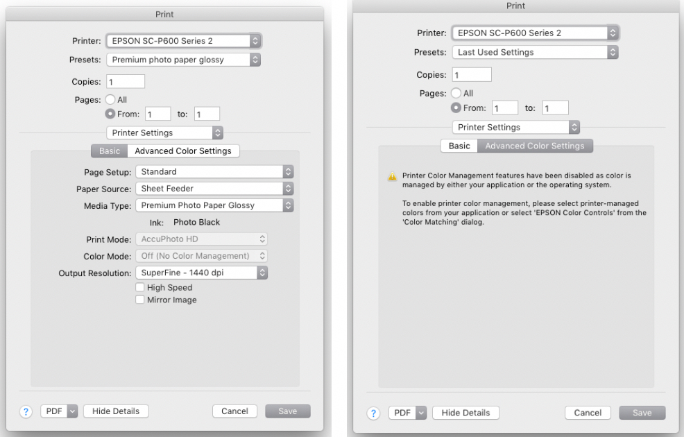 The paper type and print quality settings in the Print Settings dialog box.