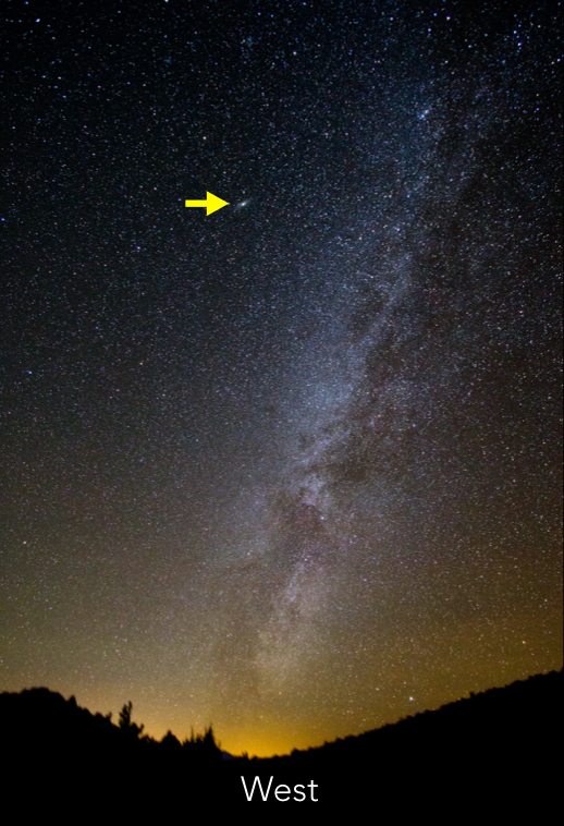 Wide angle shot of the sky, looking West with the Andromeda galaxy marked