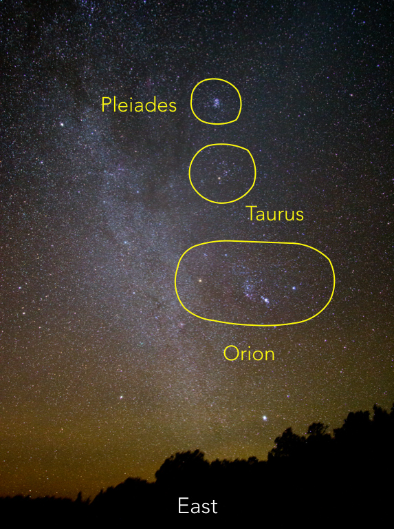 Wide angle shot of the sky, looking East with common constellations identified