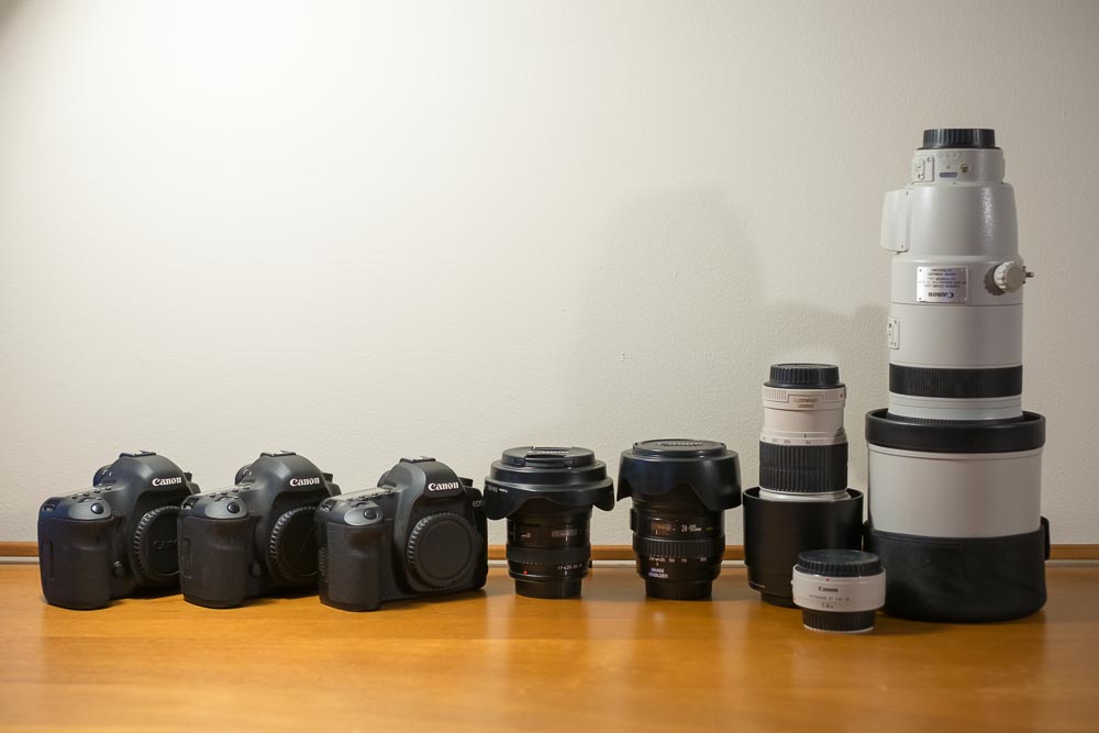 My safari photography kit just 7 years ago. My current Fuji kit with equivalent lenses weighs less than half.