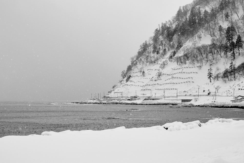 A good shot of the road showing the hillside, snow fences, and coastline