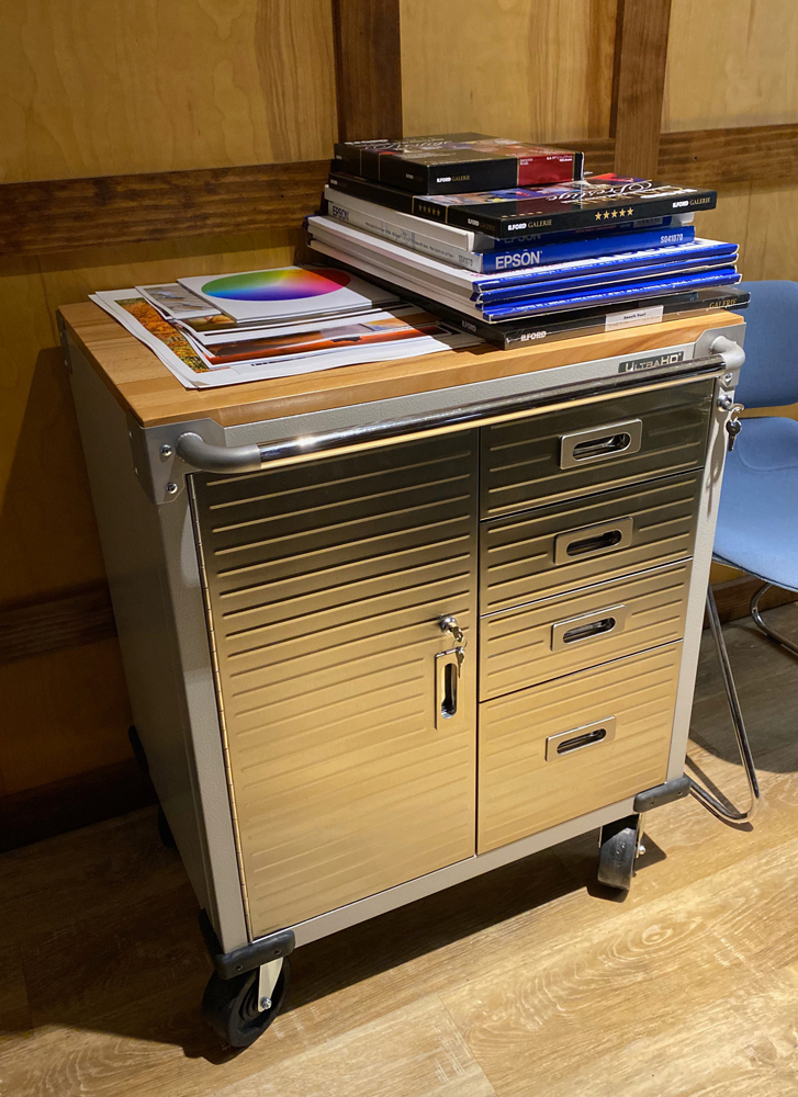 One of two rolling cabinet and drawer combinations. These hold, cables, ink, camera straps, audio gear, specialty lighting gear and other odds and ends.