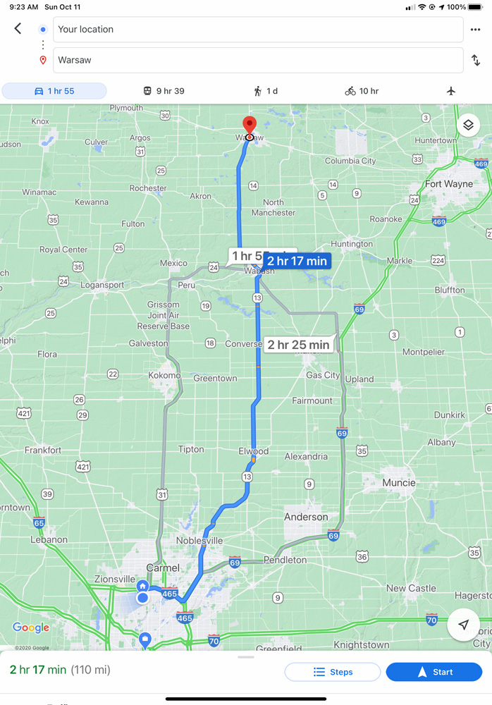 We were presented with three routes to our destination Warsaw, IN.