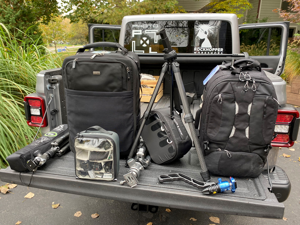 Our gear for the day. Three tripods, The Sony a7r iv and Ap with lenses in the Think Tank roller, The Tamrac bag contains Debra's Fuji XH-1 kit. The smaller case has the Sony ZH-1. The case in the middle has the wine country filer system.