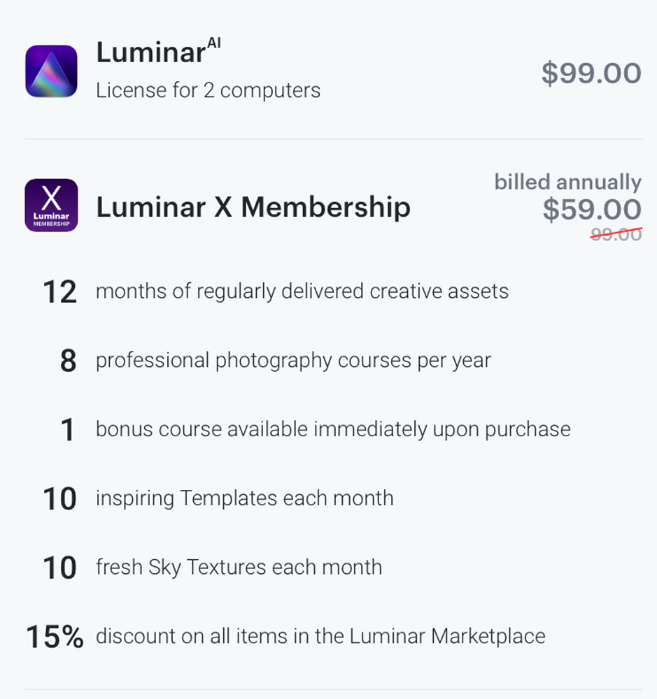 What you get with Luminar AI and Luminar X Membership