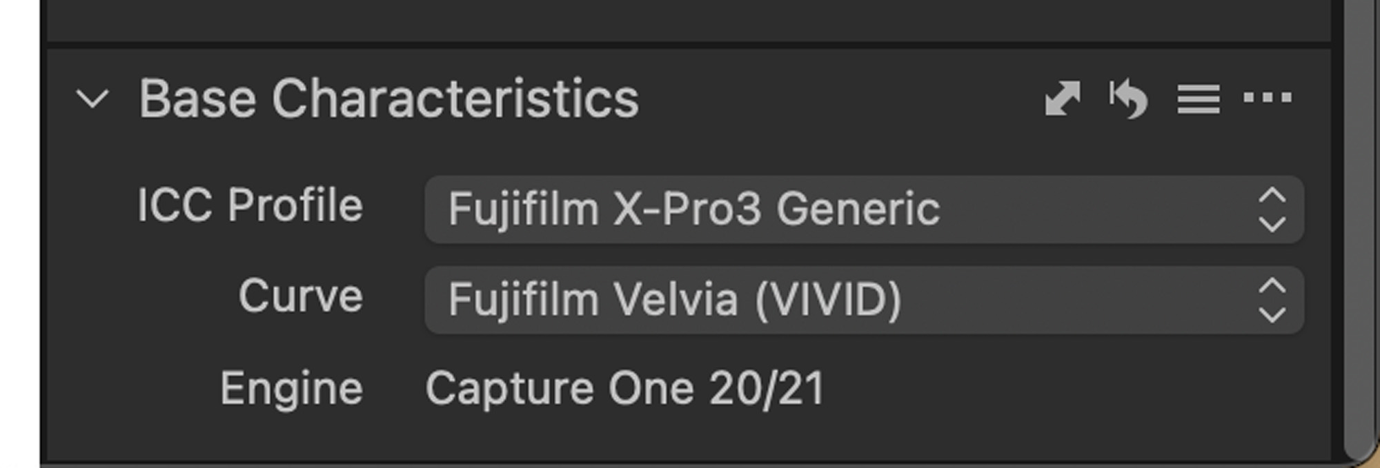 To add film Simulation to a RAW file, go to Base Characteristics > Curve > Desired Film Simulation