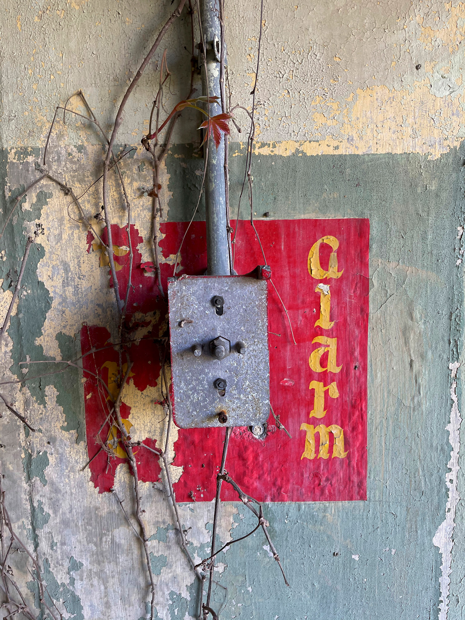Fire Alarm button in an explosives storage unit. Someone took great care to paint the label.