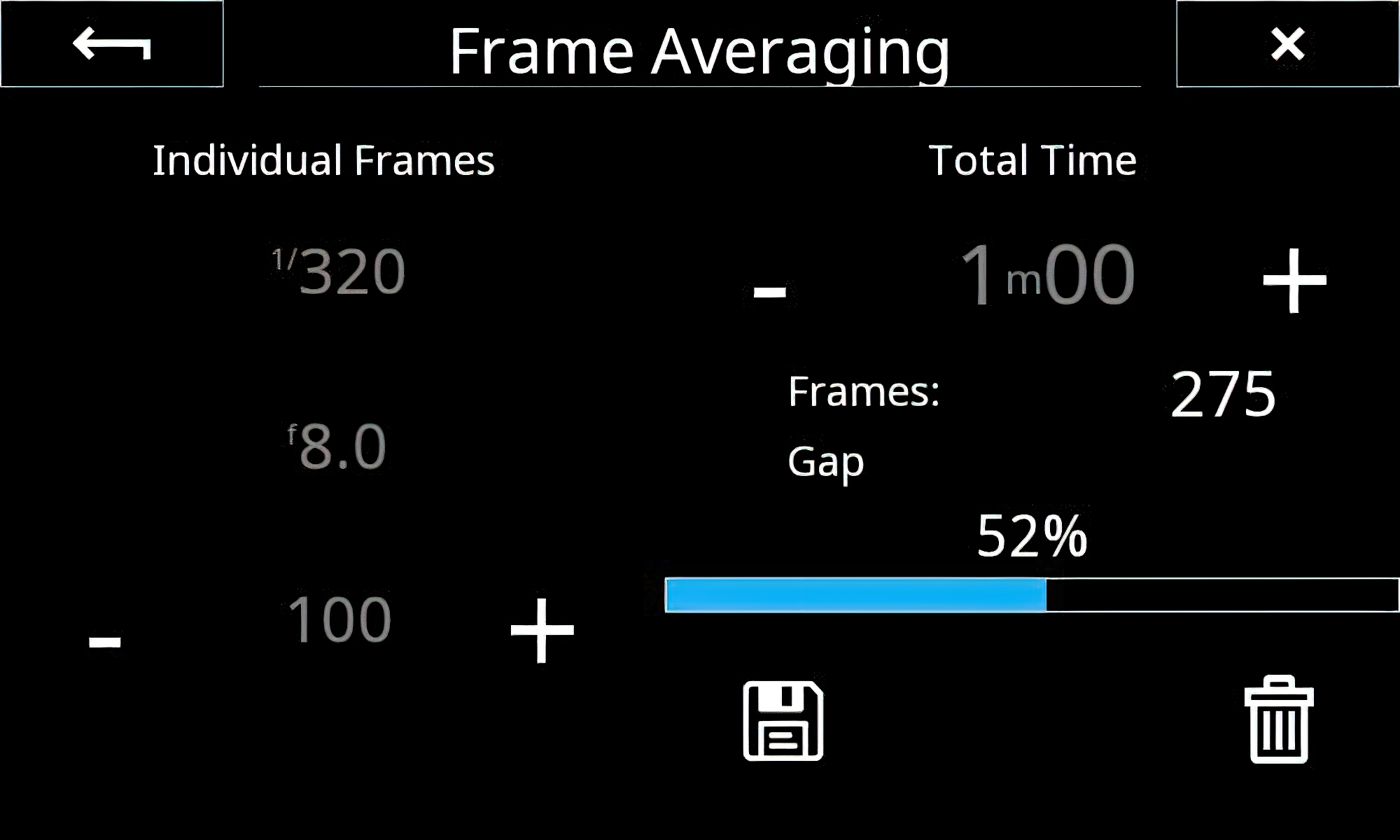 Once you touch the big white button a 5-second timer starts then the exposure starts. A progress bar shows you how far along you are.
