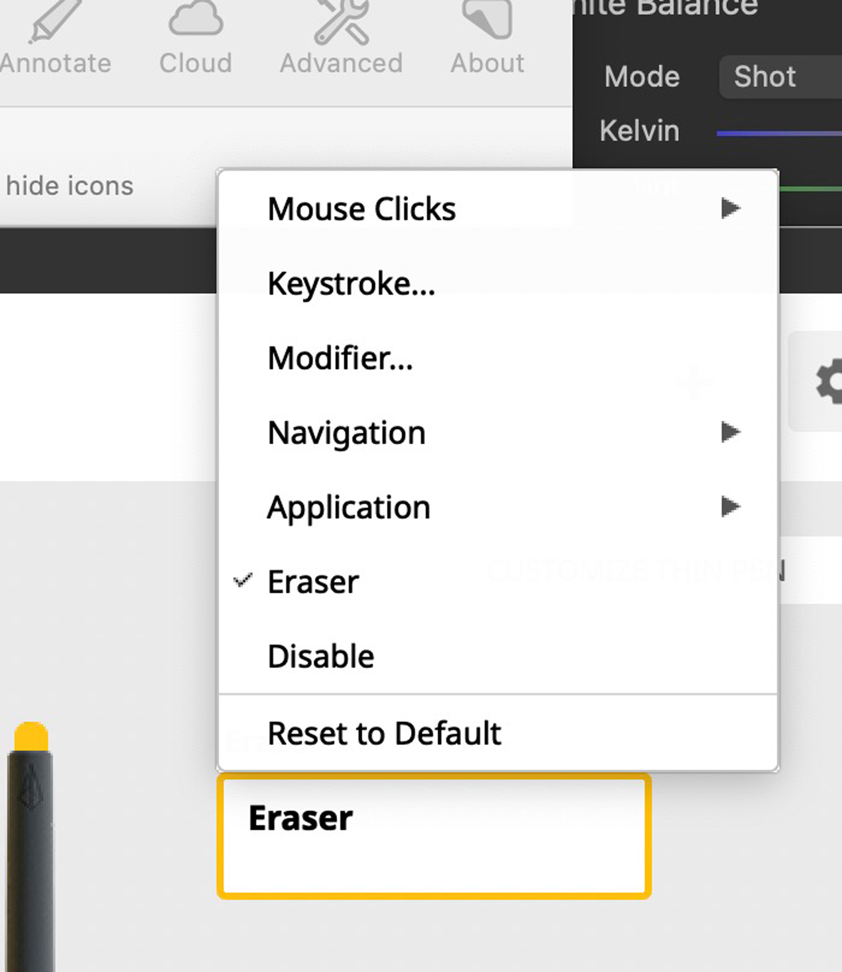 This shows that you can set the eraser to a number of different fuctions
