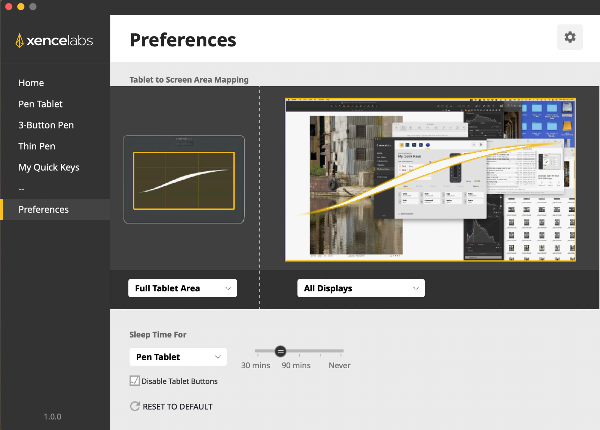 This screen sets up mapping to the monitor in reference to the tablet
