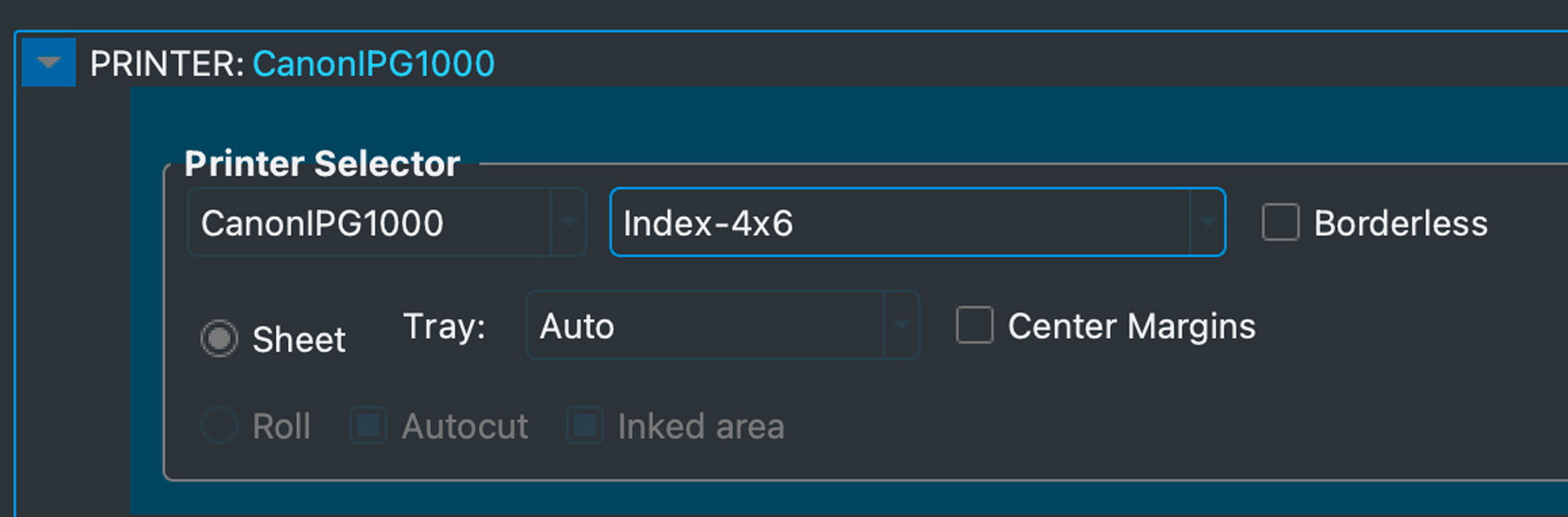 This is the printer set up in Imageprint. It shows the selected printer and paper size that is selected. It also shows that the paper will feed the printer automatically from the sheet feeder slot on the printer.