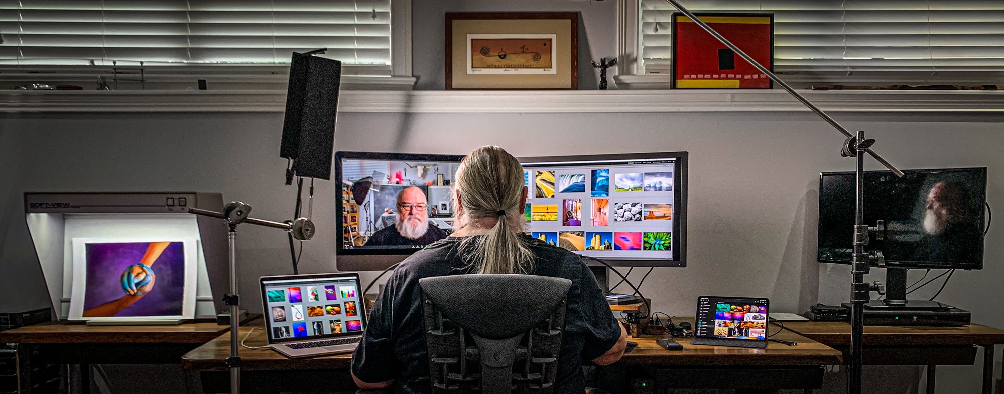 On the left is my digitally dimmed GTI SOFV-1 (discontinued but replaced by the SOFV-1xi model), The main display on my left is an iMac Pro and on the right it the PA311D-BK. My laptop and iPad are on the table and on the far right is a smart tv.