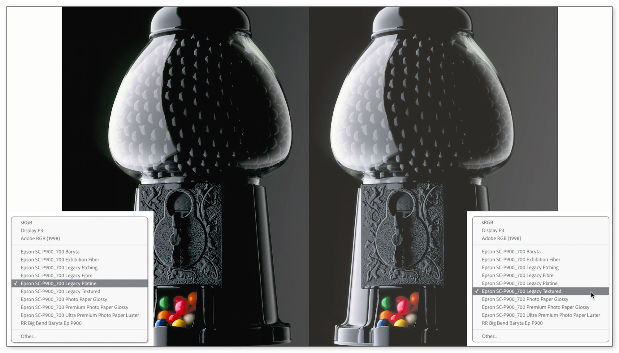 The soft proofed image on the left is using the Legacy Platine profile. The one on the right is using the Legacy Textured paper. The Legacy Textured is a fine art paper with the feel of heavy watercolor paper.