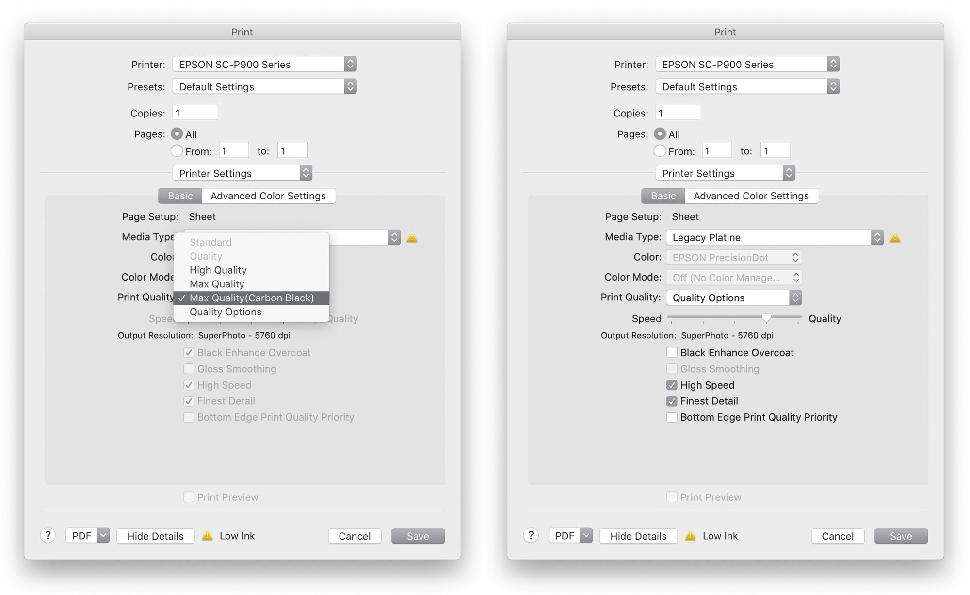 On the left you can see that the Print Quality drop down menu is showing. It’s here where you select the print resolutions and other options. The Max Quality (Carbon Black) is pretty specific to the P900 and smaller P700 printers.