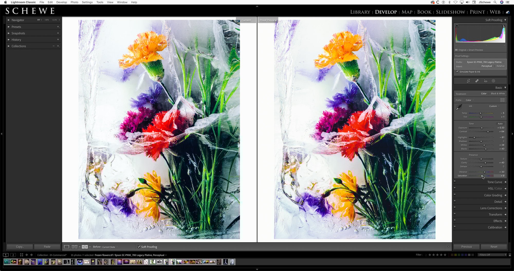 This shows the image soft proofed (on the right) and the original image I was using to compare to the print proof.