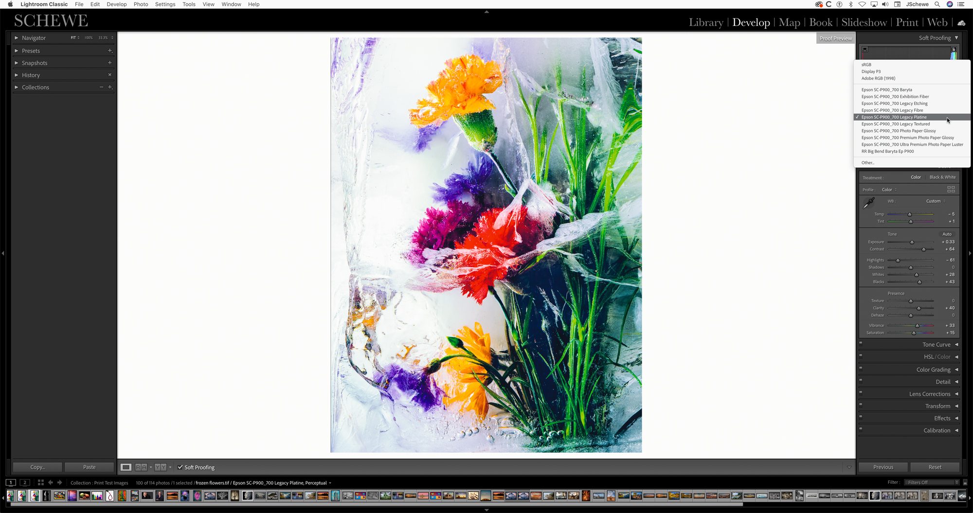 Here’s the setup with the Soft Proofing button checked (lower left in the toolbar) and the paper is selected, Epson Legacy Platine in the Profile drop-down menu (upper right).