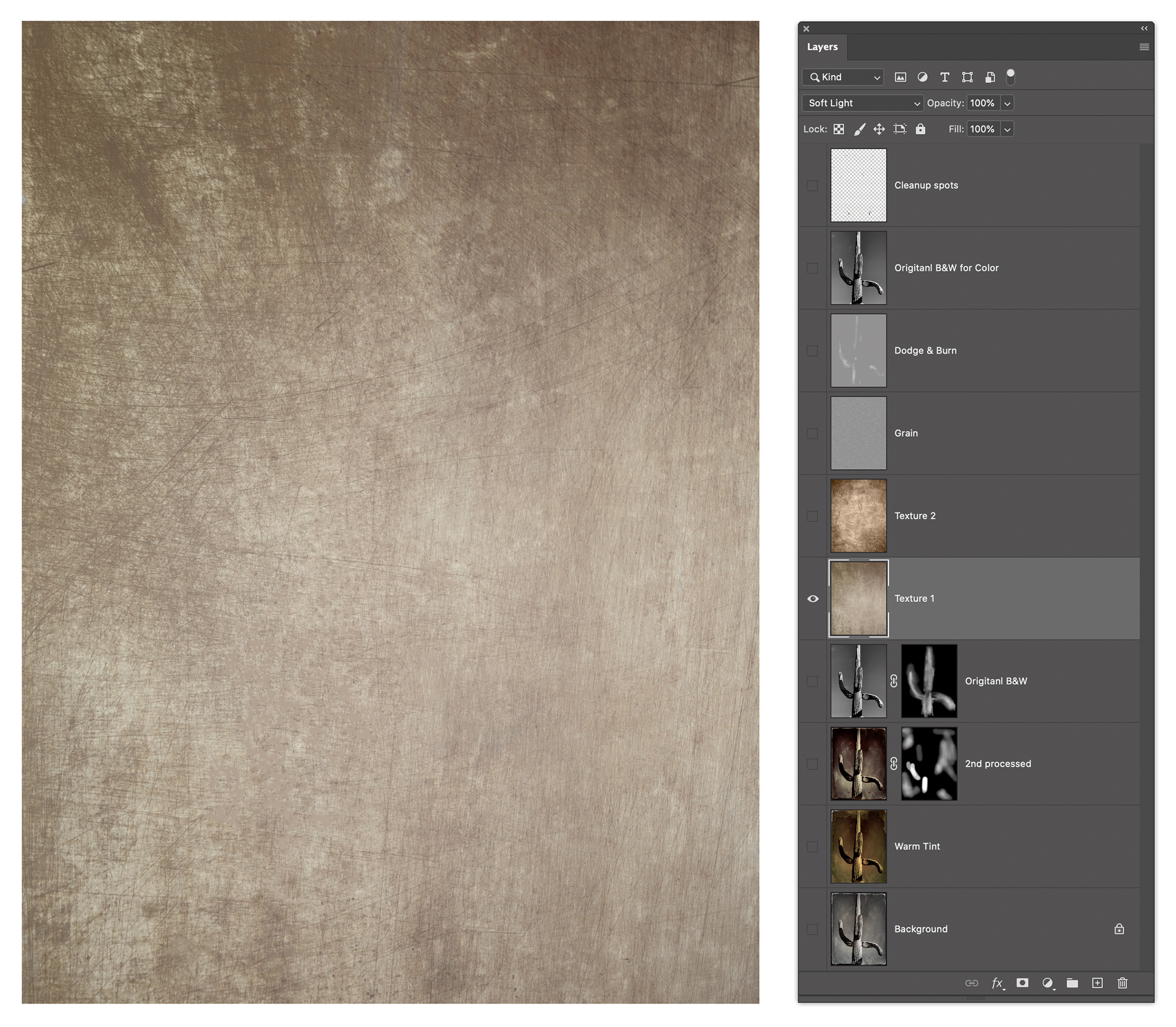 This is the first of two textures I added to the image. It was added at 100% Opacity and using the Soft Light blend mode.