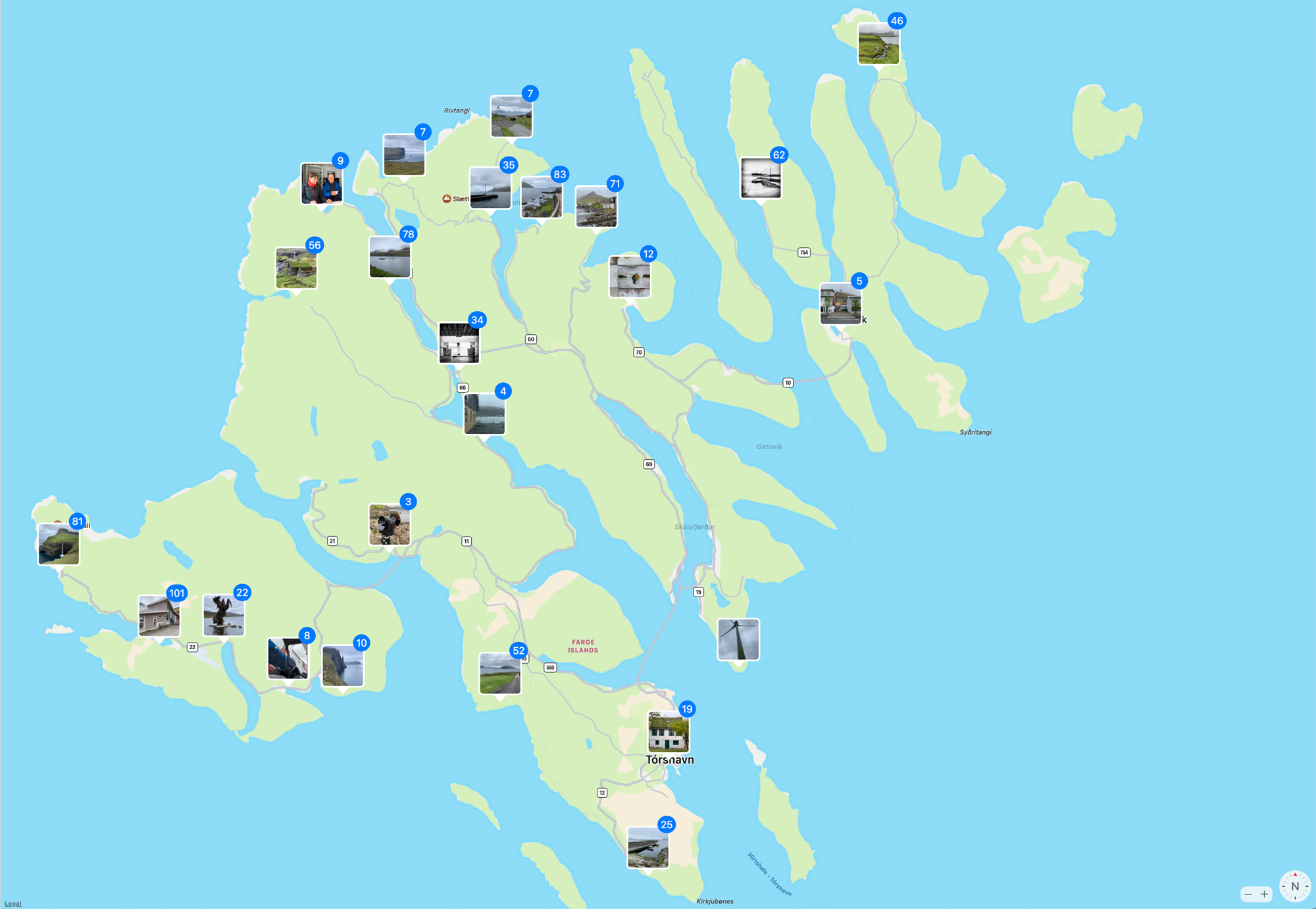 This is from iPhotos which maps all the spots I visited and photographed with my iPhone. This is a great way to identfy locations on your next visit and use to set the navigation back to the spot.