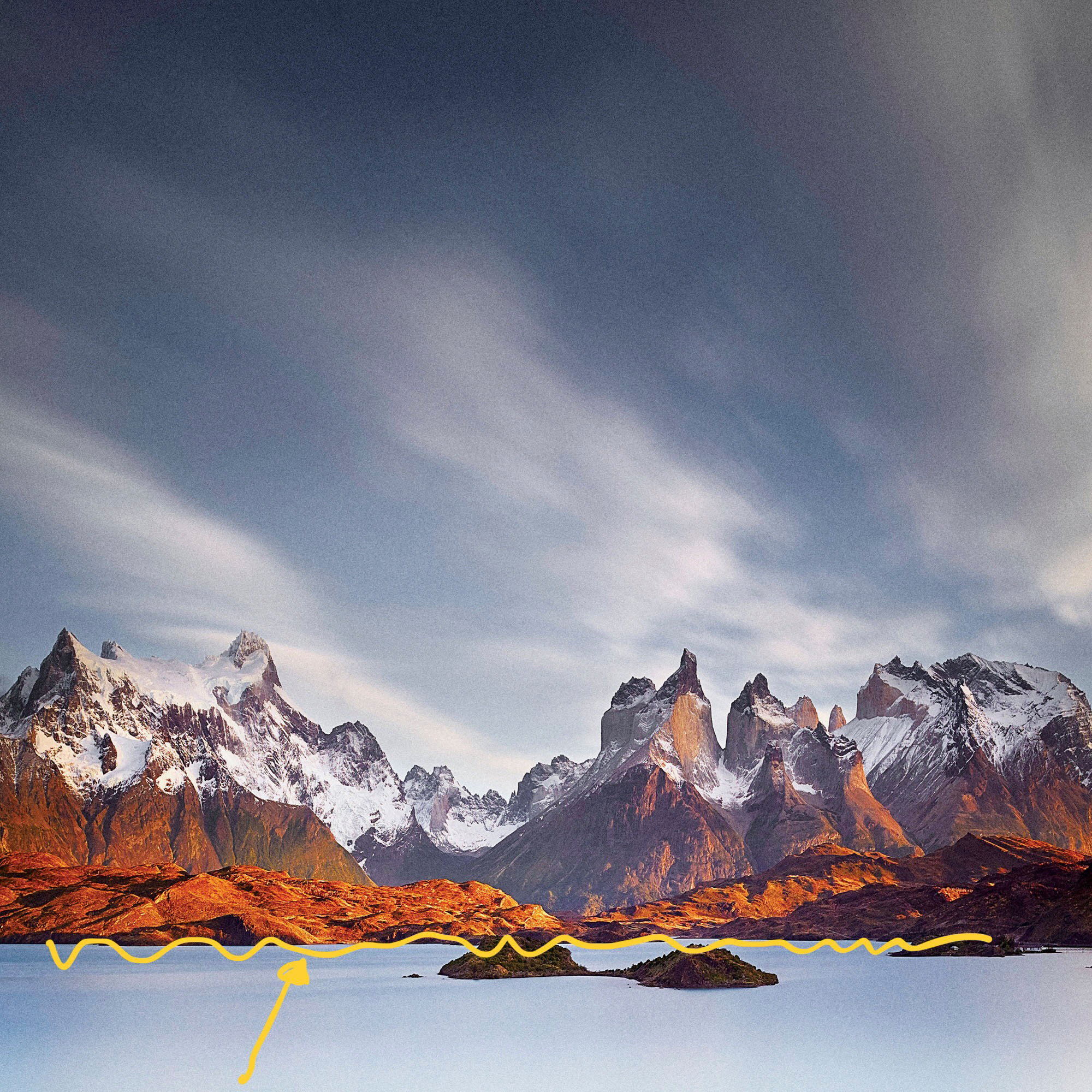A low horizon puts the emphasise on what's above - in this case the mountain range and the sky.