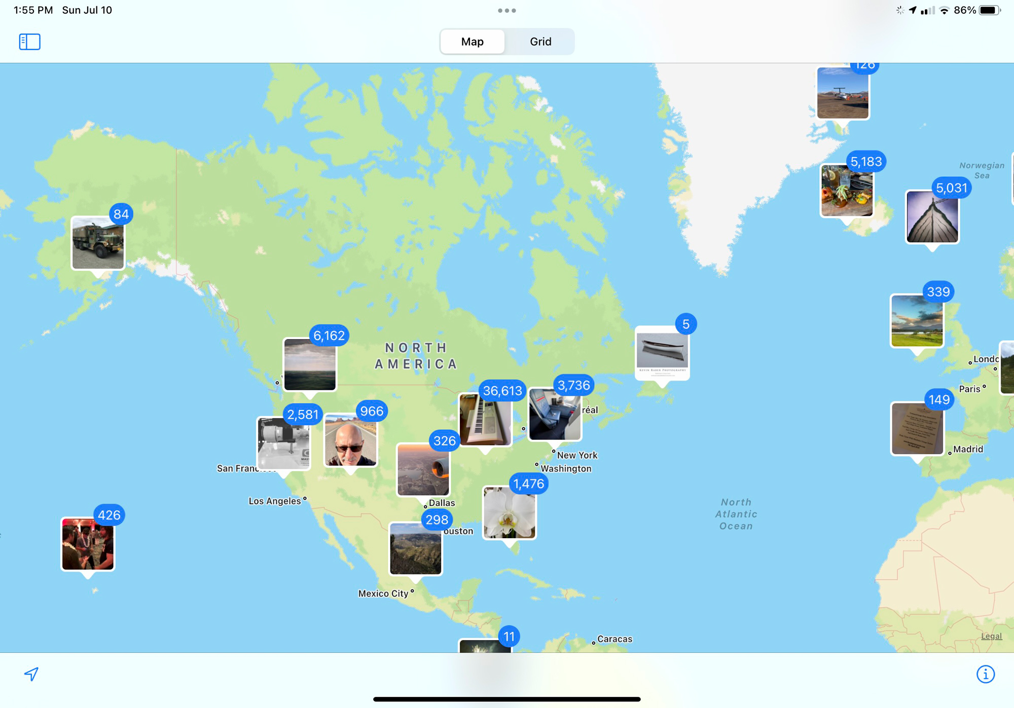 A map from the Locations Album show locations where photos have been taken