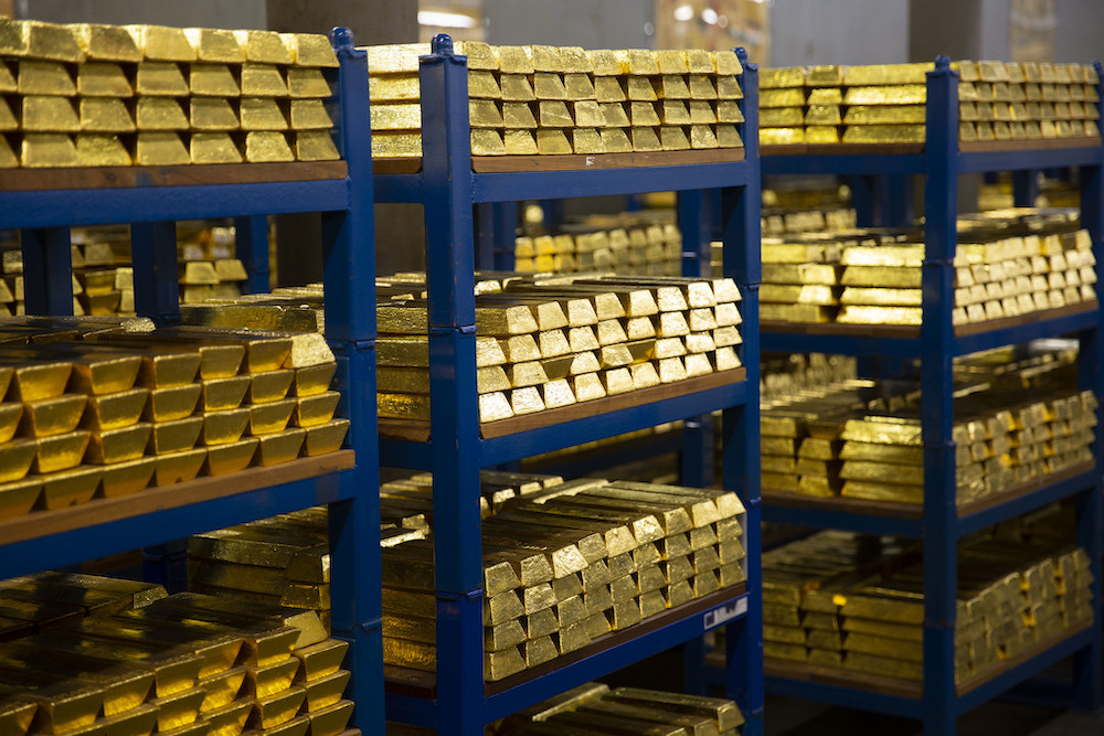 Gold on shelves in the bank of England's gold vault.
