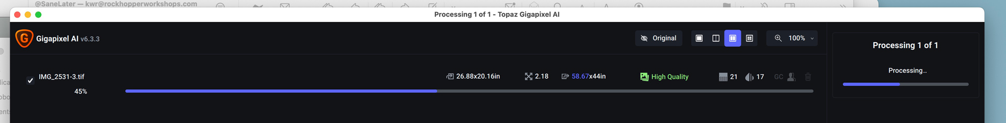 At the bottom of the Gigapixel screen, you can see a summary of everything and monitor the processing of the image.