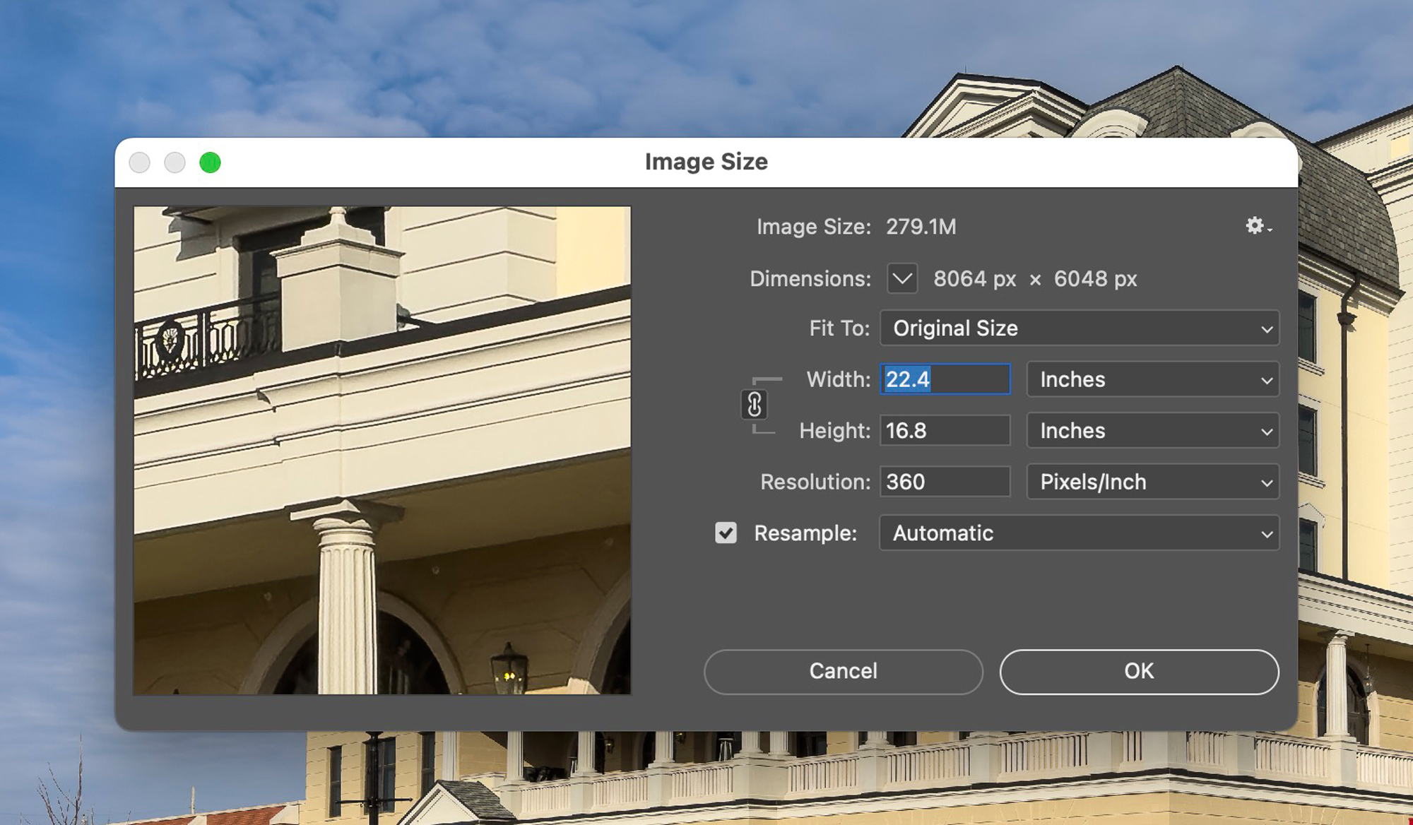After the RAW file is processed at 100% this is the size. This file was then sent to Image Print to make a 44 inch wide print